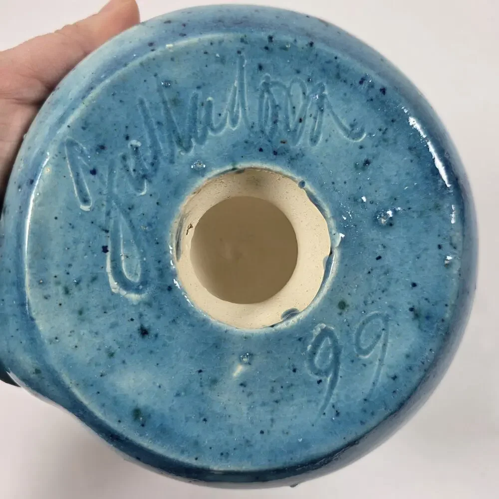 Vintage Artist Signed Pottery Orange Lemon Citrus Juicer Blue speckled